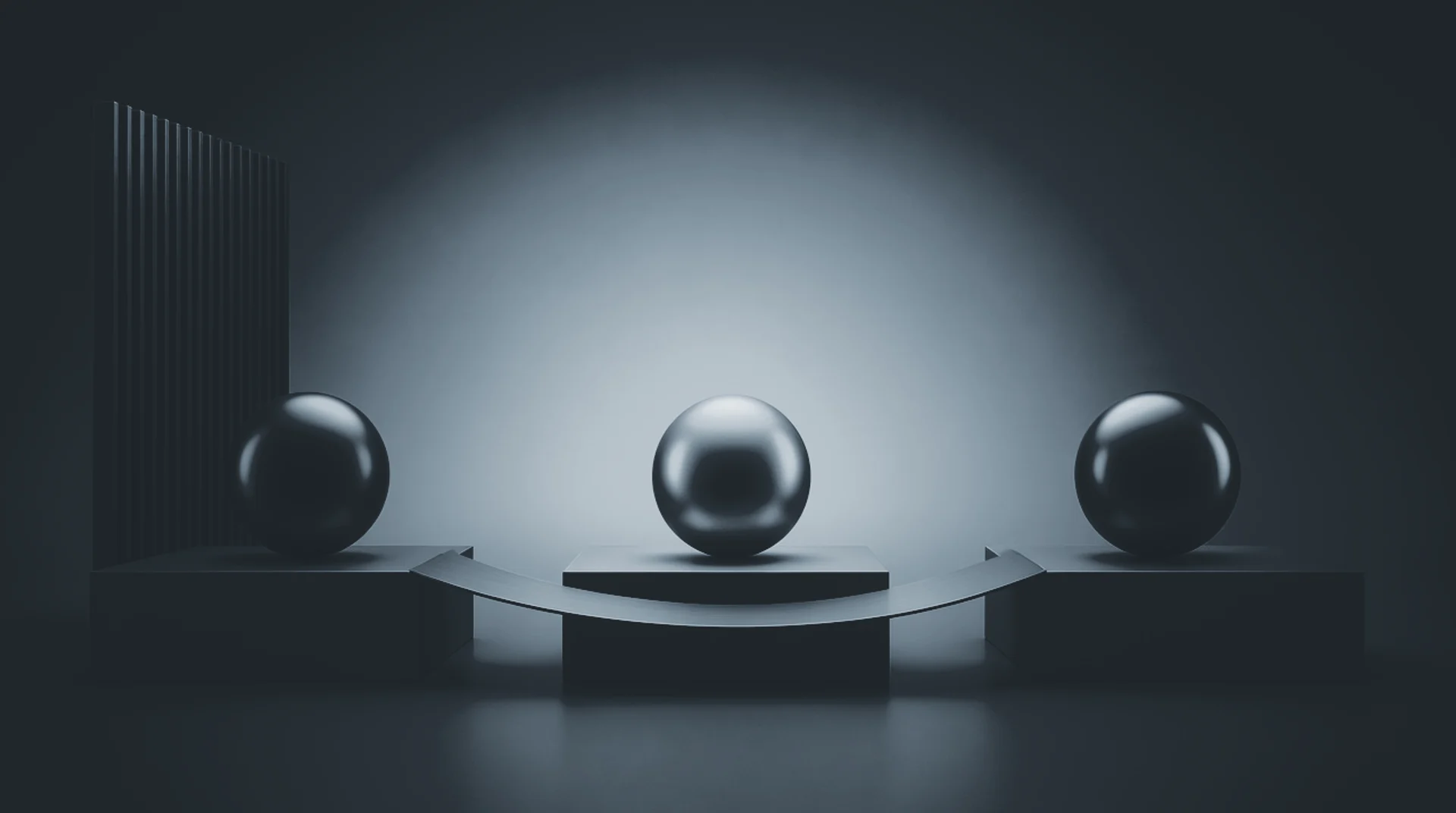 Three balanced metallic spheres on connected platforms — a portrayal of mediation built for individuals, businesses, and legal advisers.