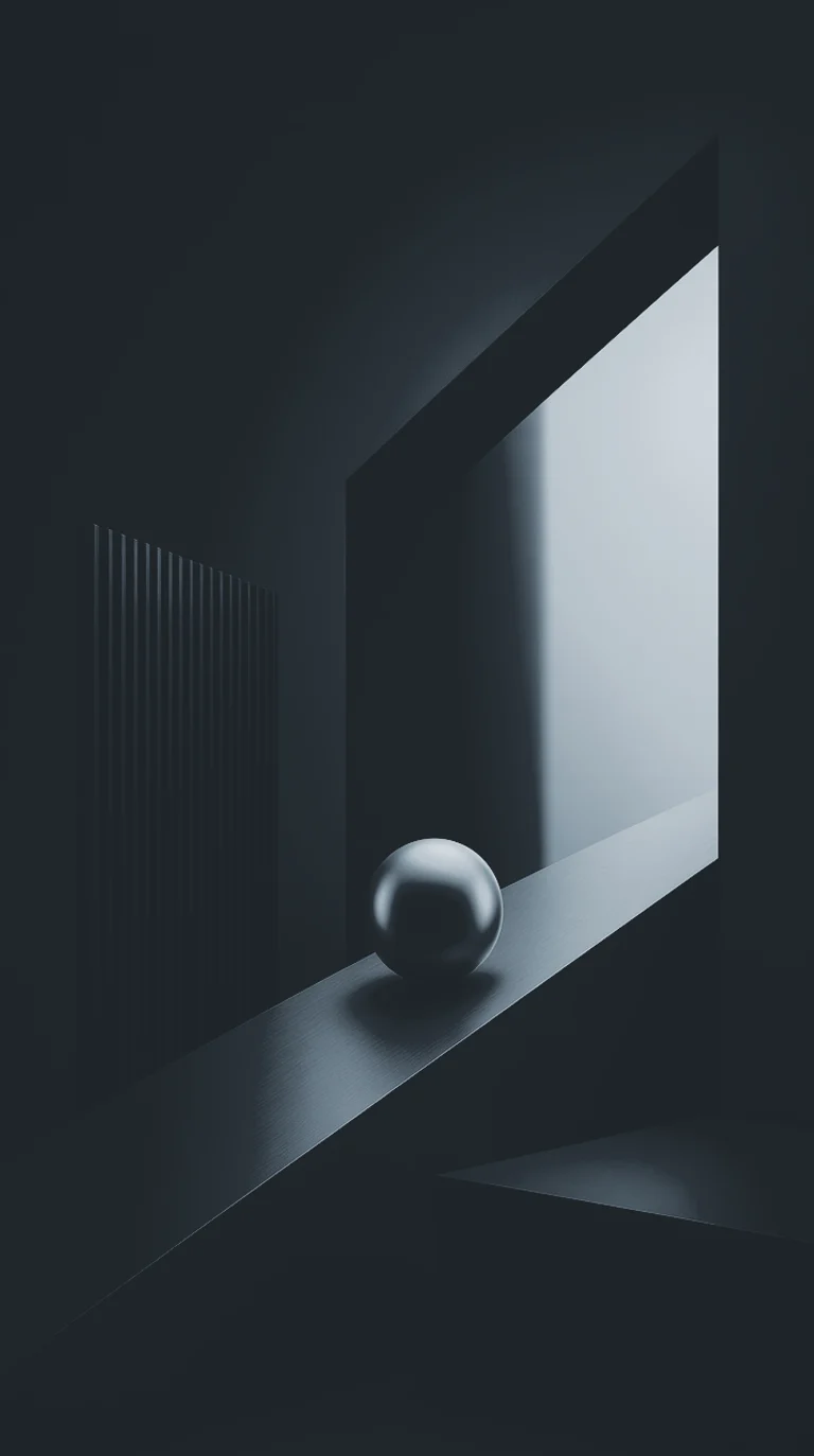 Abstract brushed-metal path carrying a sphere toward an open doorway of light — a portrayal of what mediation can unlock.