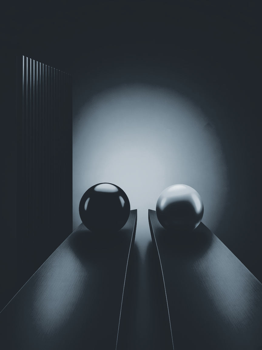 Two parallel brushed-metal tracks with dark and light spheres — counsel’s path continuing alongside an independent mediation channel.